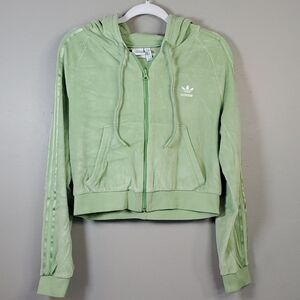 Adidas Womens Lime Green Cropped, Zip Up Hooded Velour Jacket. Large